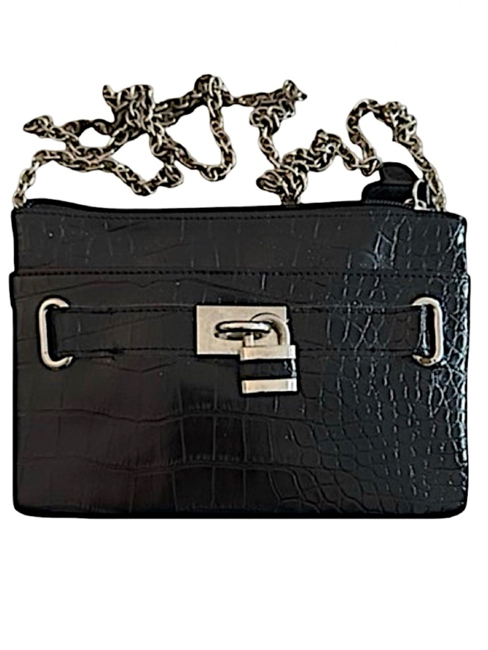 POPPIE JONES Black Faux Leather Crossbody Bag Purse 7.5”x 5.5” Croc Embossed